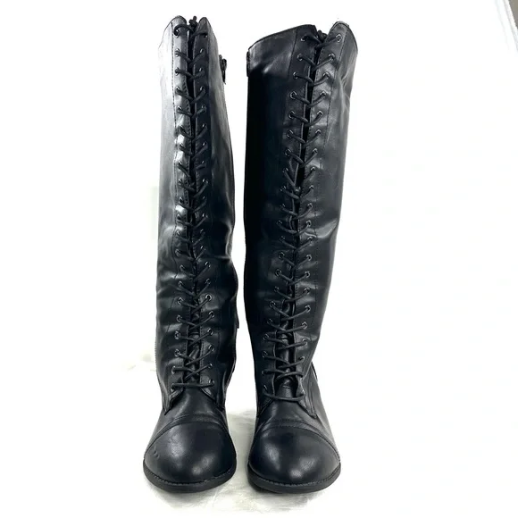 Torrid Wide Calf Women Size 9.5 Black Faux Leather Boot Knee High Lace up Zip - Picture 2 of 11